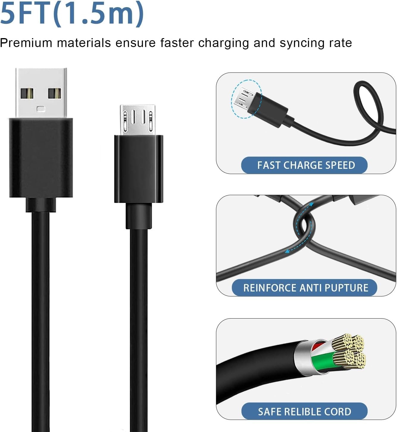Durable Insulin Pump Charger Cord, 5ft Micro USB with Fast Charging Feature
