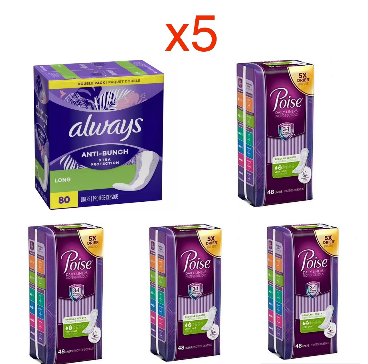 LOT x5 POISE ALWAYS DAILY PANTYLINERS LIGHT REG 3IN1 PROTECTION 272 LINERS TOTAL