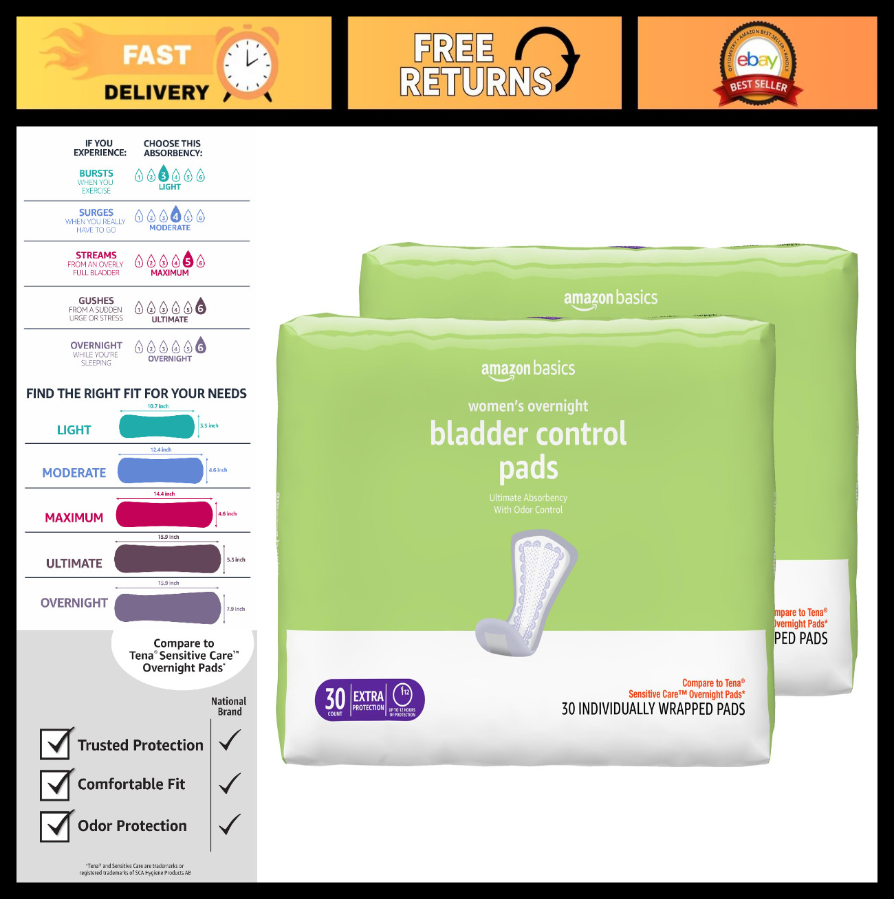 Incontinence Pads for Women – Overnight Absorbency, Bladder Control, Unscented,