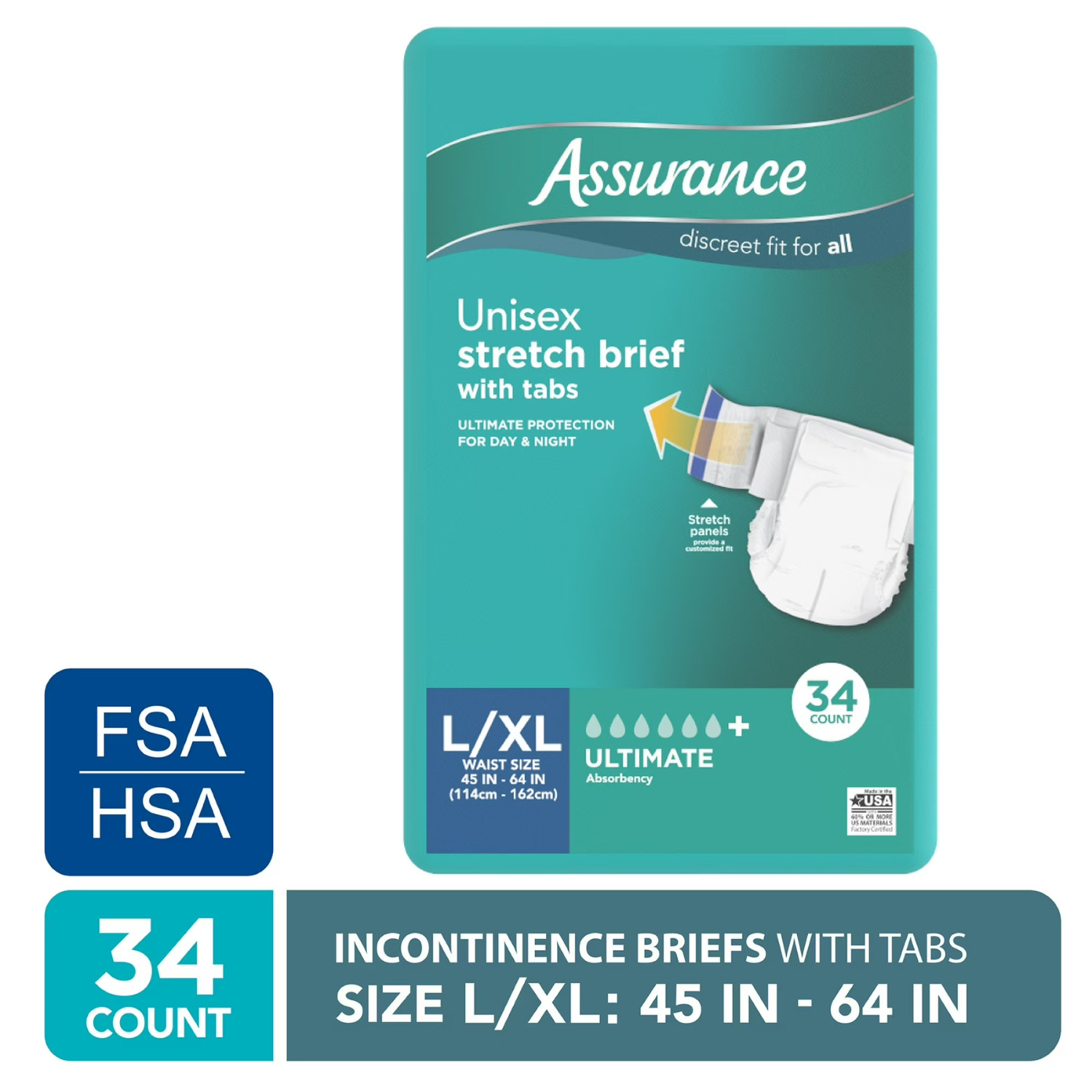 2 Pack Assurance Stretch Briefs With Tabs L XL 34 Count Unisex Adult