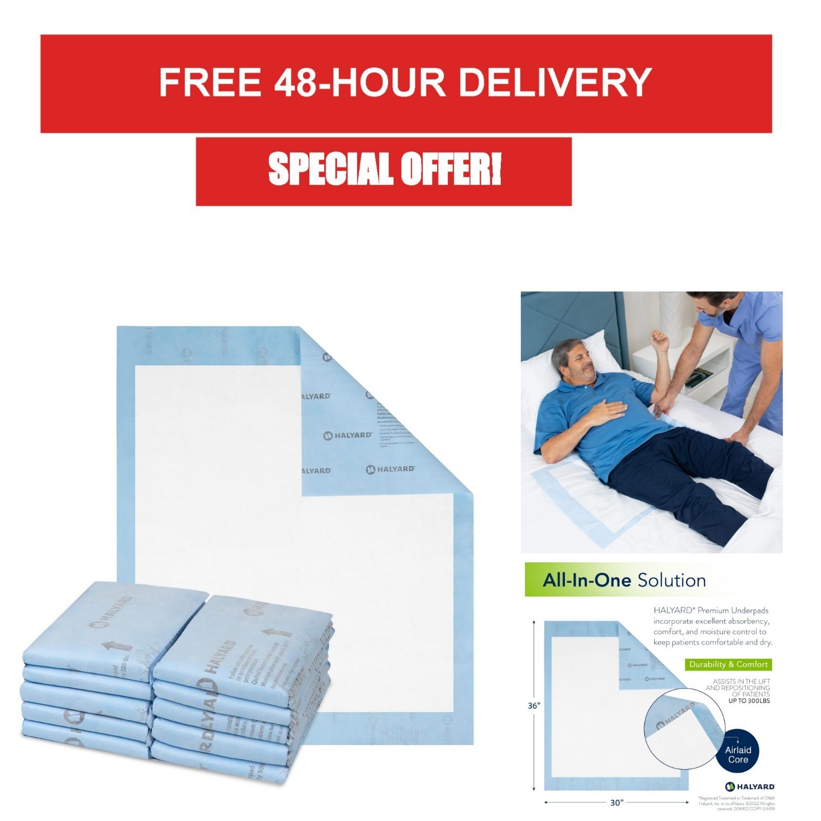 HALYARD Premium Disposable Underpads, 30 x 36 Inches, Pack of 10