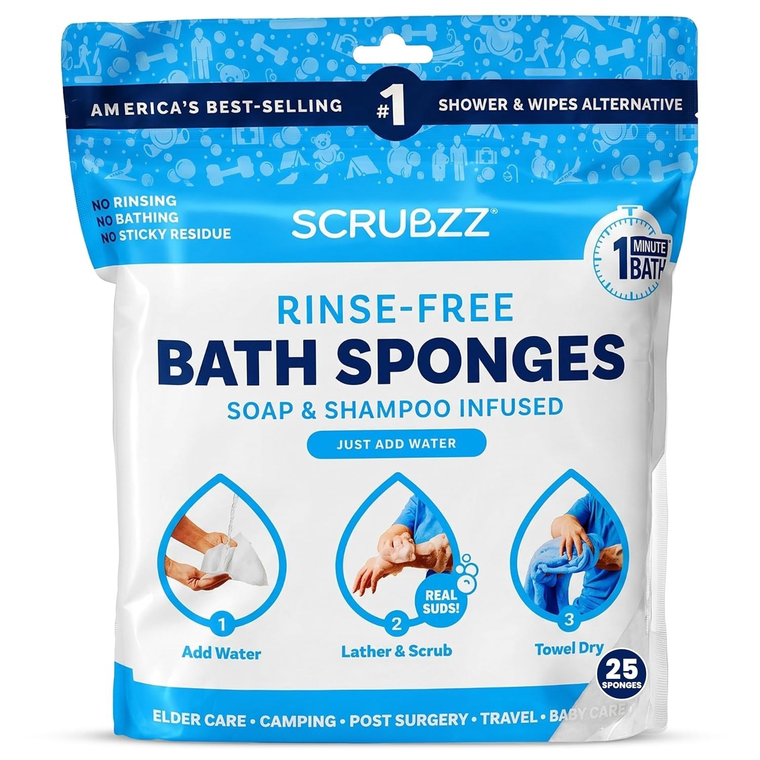 All-in-1 Rinse-Free Bathing Wipes – 25 Pack for On-the-Go Cleanliness