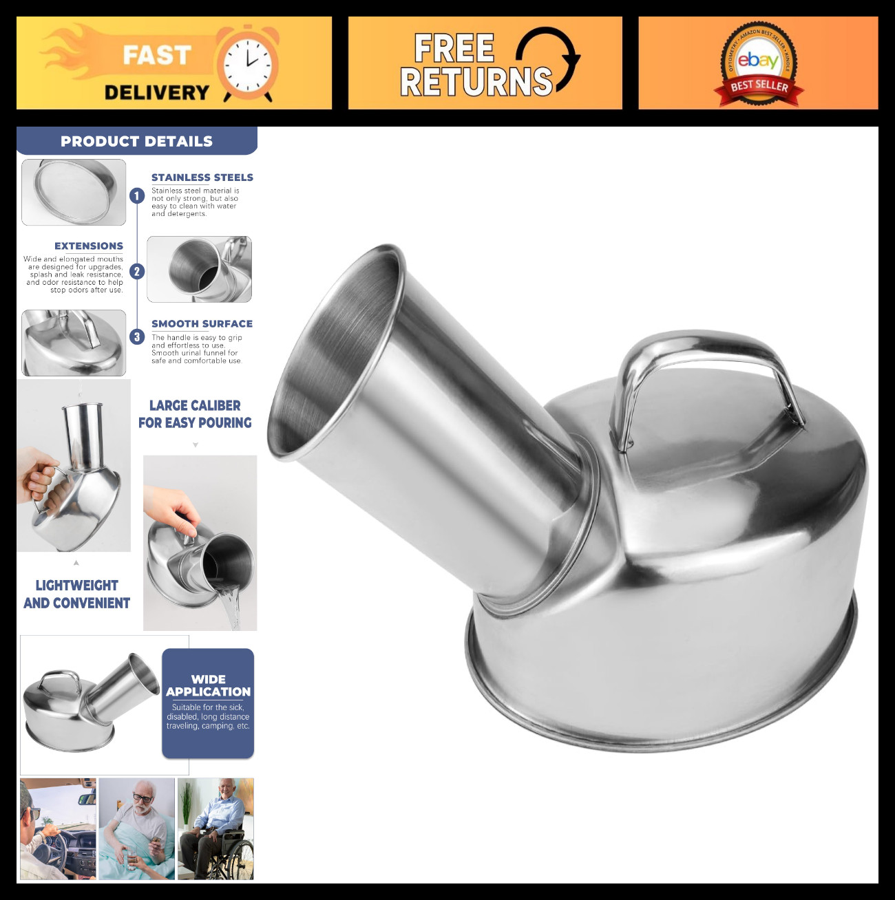Portable Stainless Steel Urinal for Men – Rustproof, Large Capacity, Ideal for E