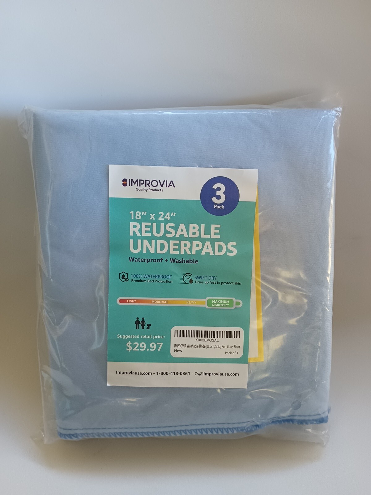 3 Pack IMPROVIA Washable Incontinence Reusable Underpads 18×24″ Hospital Grade
