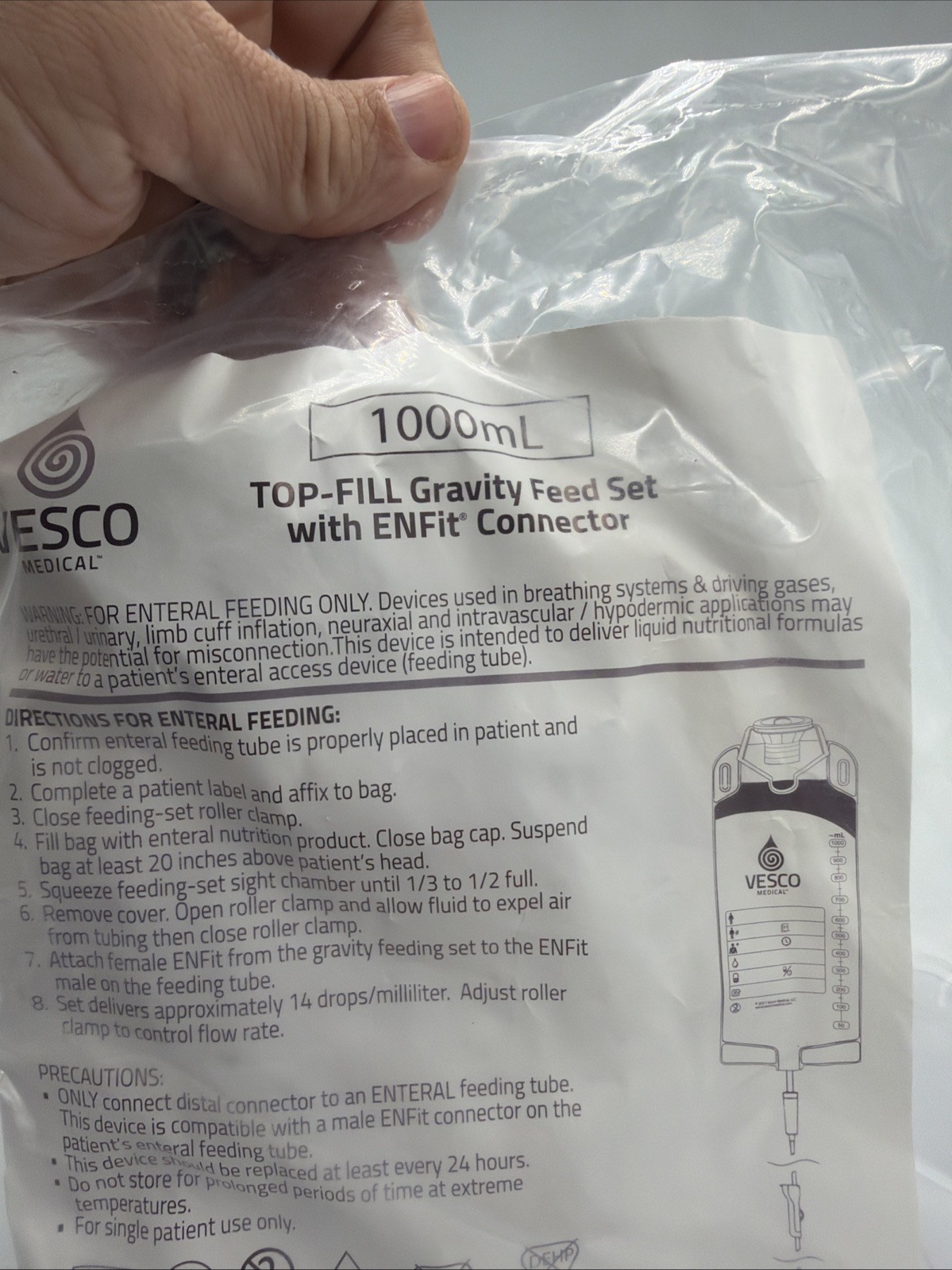 Lot of 2 Vesco Medical 1000mL PVC Bag Gravity Feed Set with ENFit VED-046