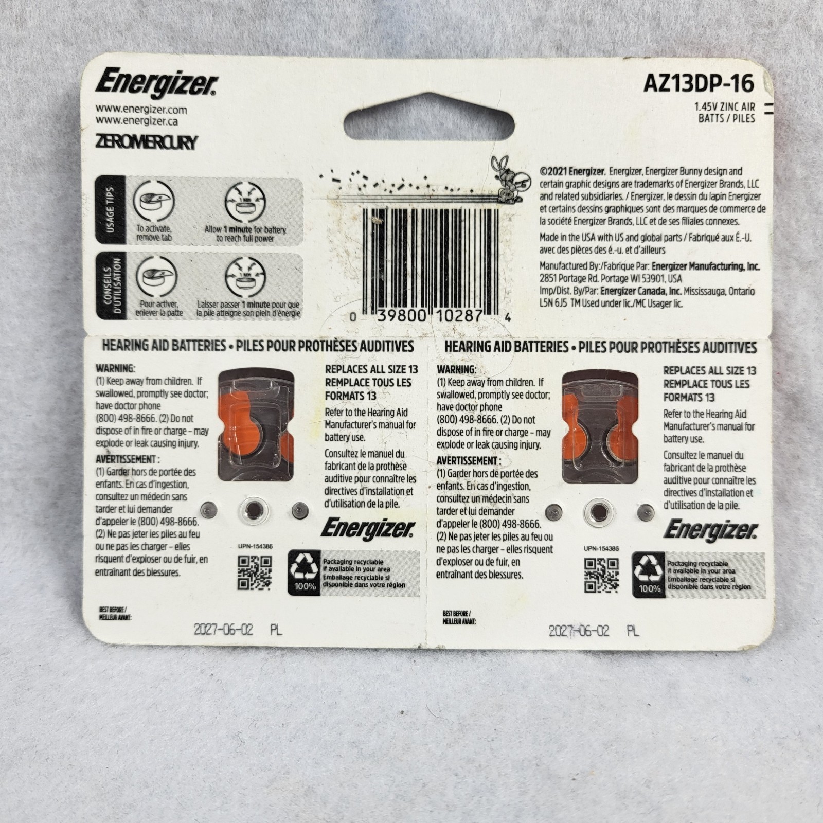 Energizer Size 13 Hearing Aid Batteries 16 Pack AZ13DP-16 Exp 6/2027 New Unused