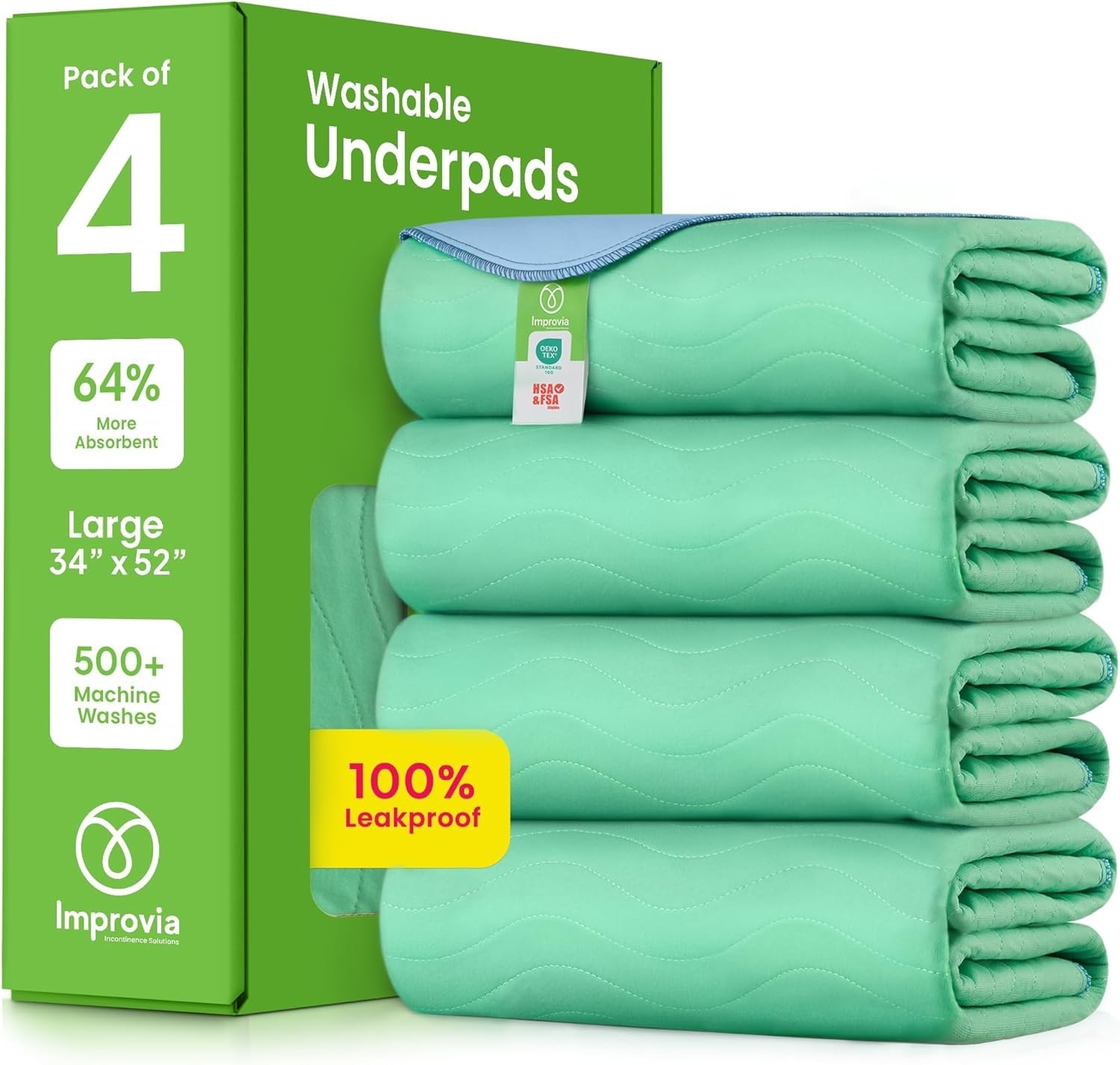 Pack of 4 Washable Underpads 34×52 – Heavy Absorbency, Waterproof Protection