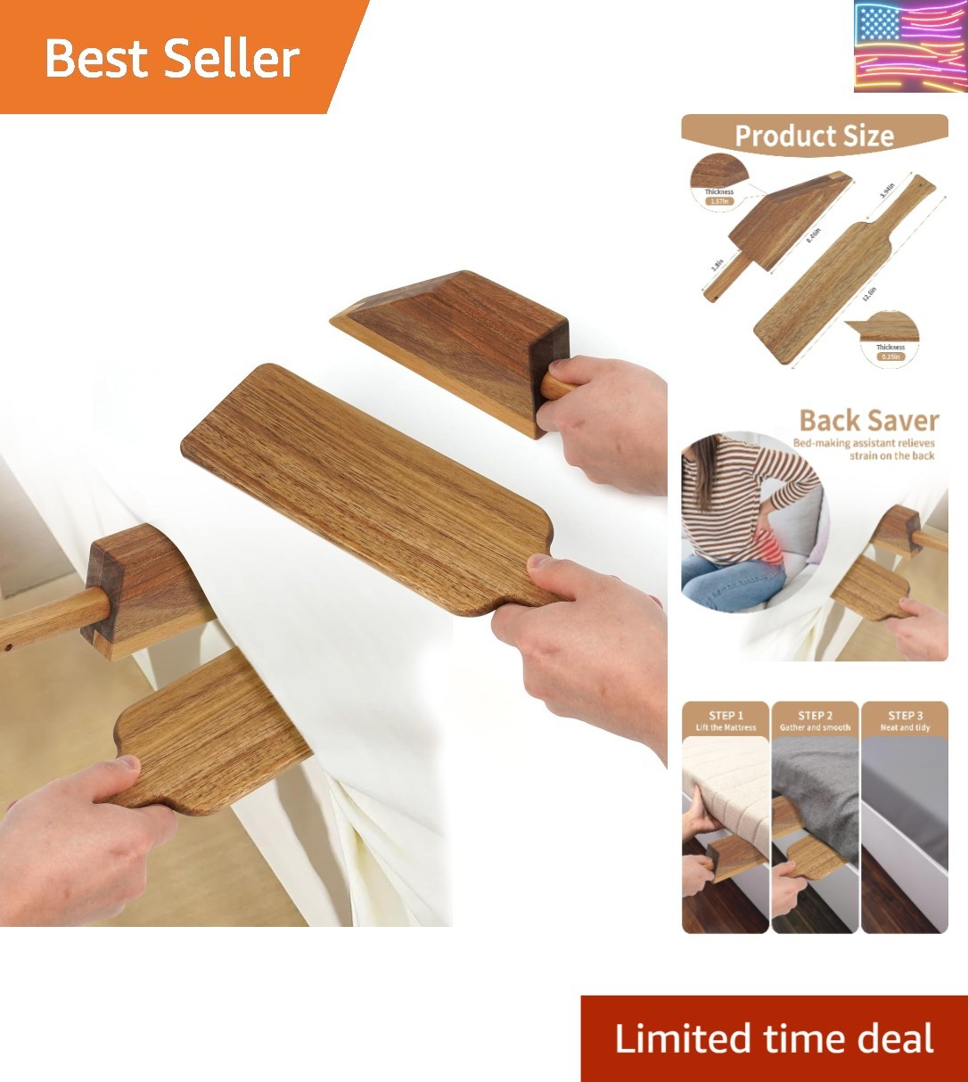 Acacia Wood Mattress Lifter Tool for Changing Sheets, Sheet Tucker, Seniors