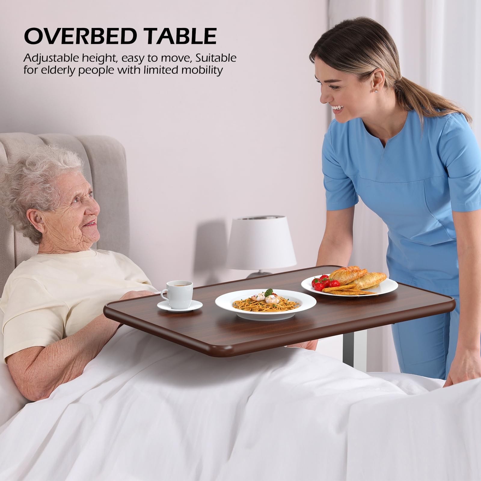 WOTURE Adjustable Overbed Table with Wheels, Rolling Bedside Desk, Pneumatic
