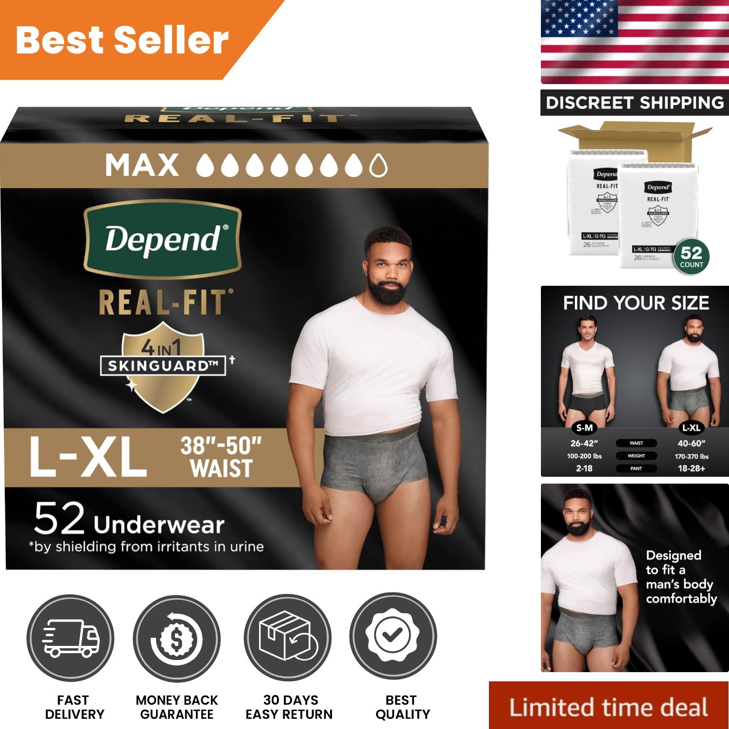 Real Fit Men’s Incontinence Underwear, Comfortable & Discreet, 52 Count