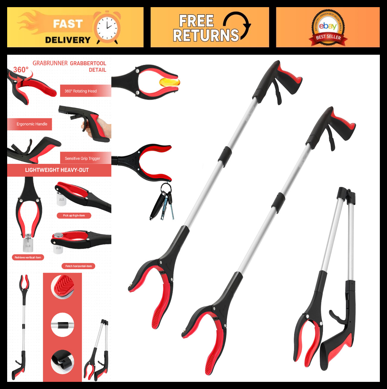 32” Heavy Duty Grabber Tool – 2 Pack with Magnetic & Swivel Head – Ideal for Sen