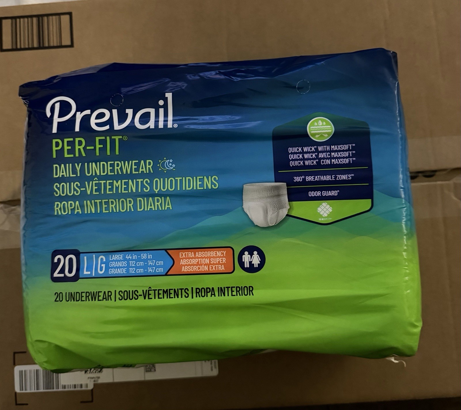 Prevail PER-FIT Daily Underwear – Large (44”–58”) – 20 Count – NEW/SEALED