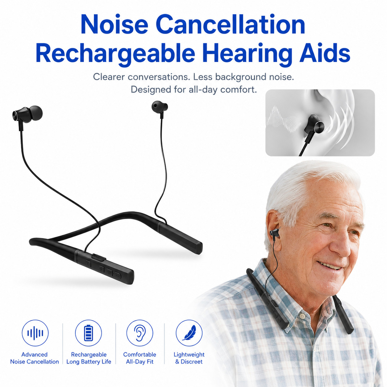 Neckband Hanging Hearing Amplifier Hearing Loss Relief Rechargeable Tinnitus Aid