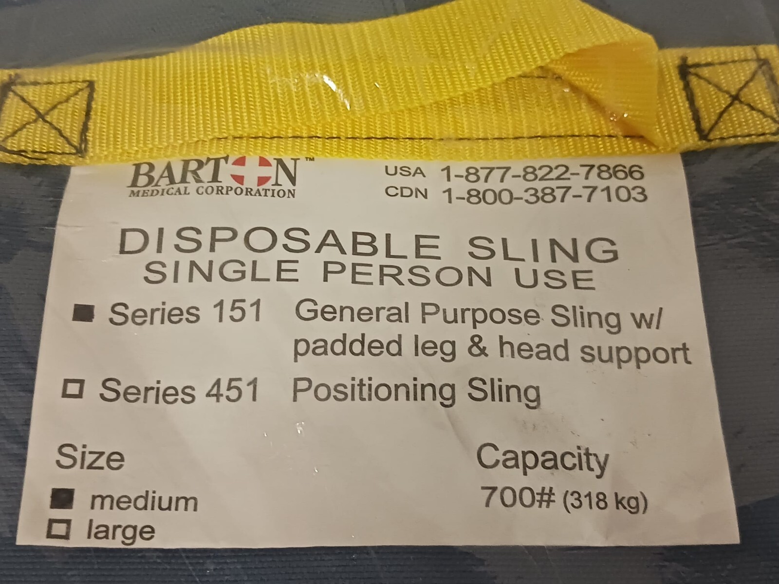 BARTON Series 151 Disposable General Purpose Sling w/Padded Leg &Head Support