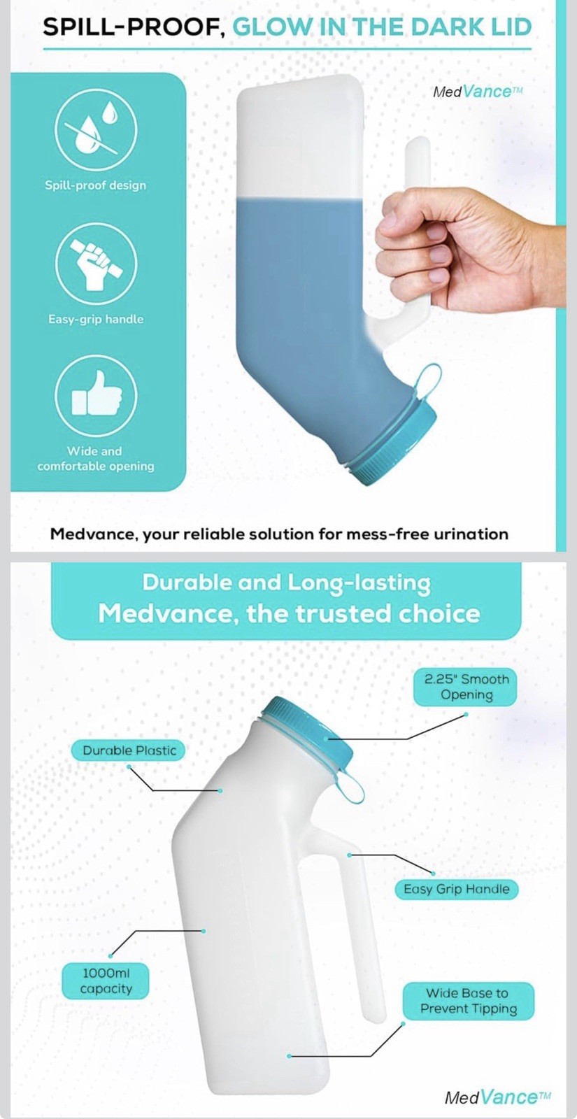 MedVance- Urinals for Men 1000ml with Glow in The Dark Spill Proof Pop Cap