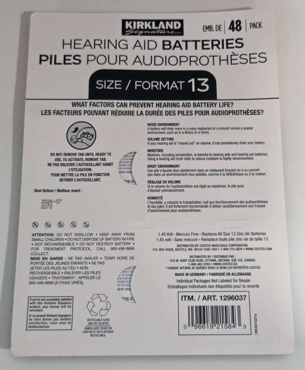Kirkland Signature Hearing Aid Batteries Size Format 13 48 Pack #13 Exp 07/31/26