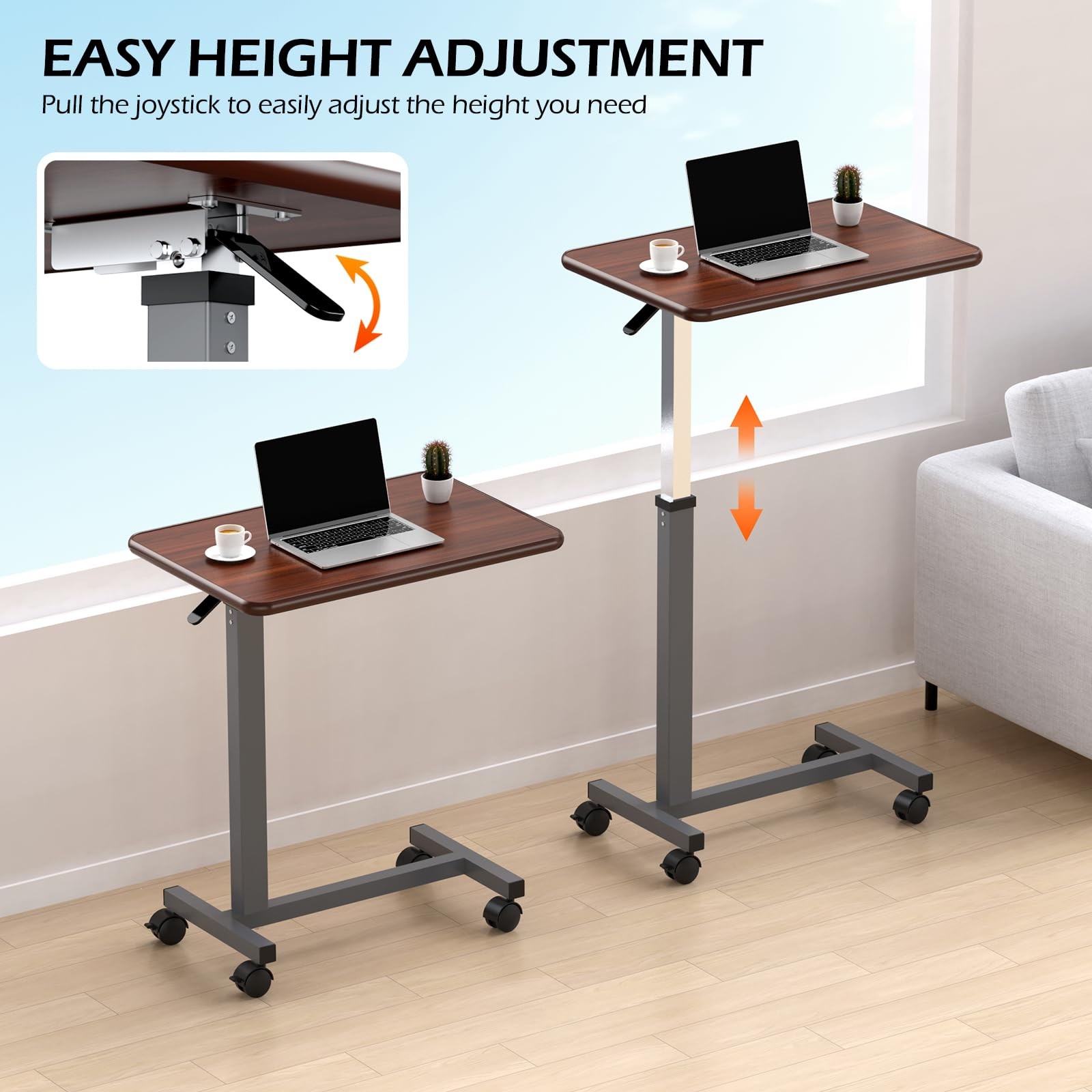 WOTURE Adjustable Overbed Table with Wheels, Rolling Bedside Desk, Pneumatic