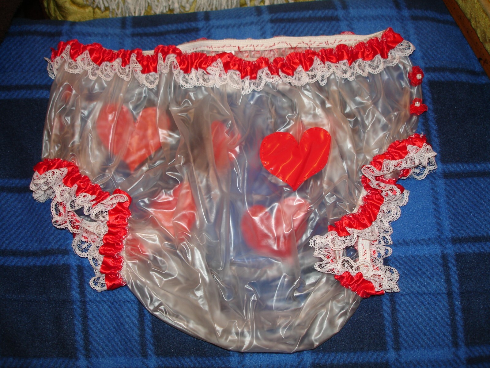 adult waterproof plastic pants medium new custom designed see through red hearts