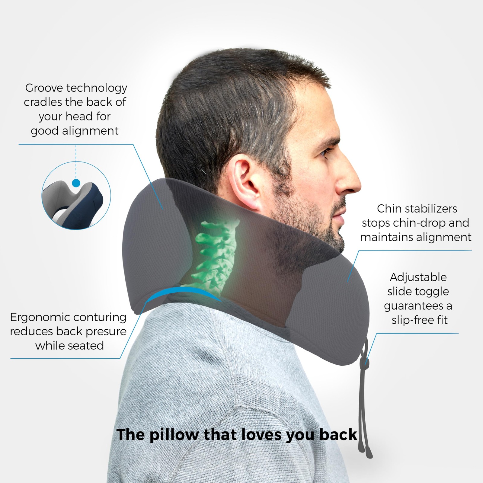 Travelon Transit Premium Neck Pillow 10.25”W X 5.75””H X 10.5”D, Navy/Gray