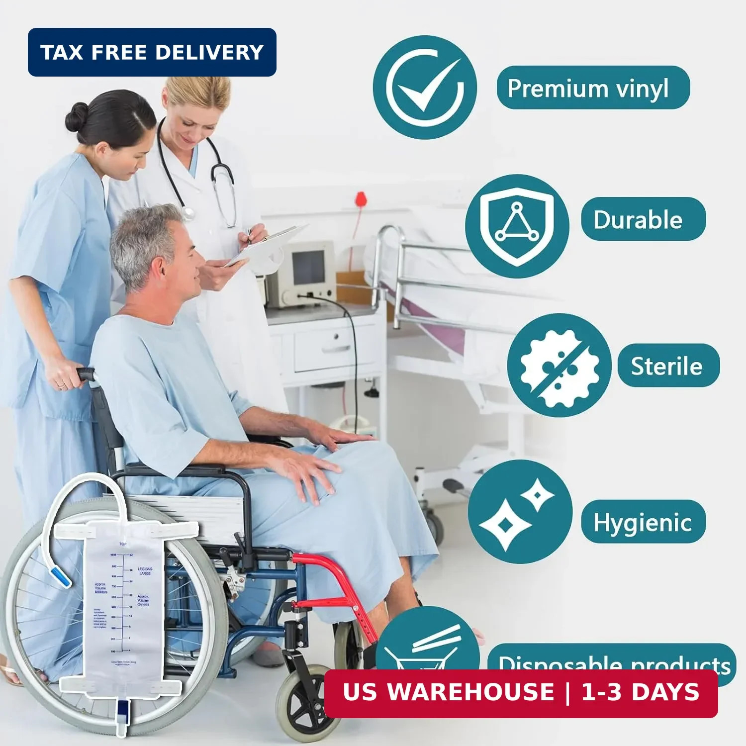 1000ml Leg Bag for Catheter and Urinary Drainage, Anti-Reflux Valve with Advance