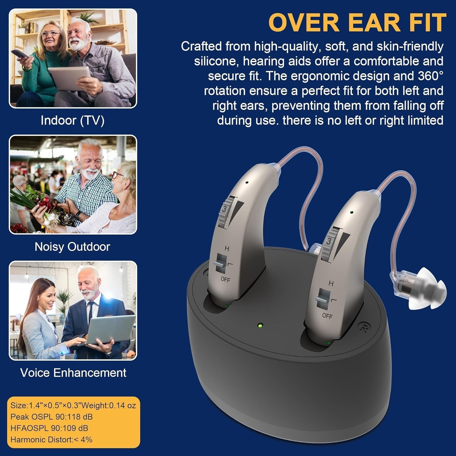 1 Pair BTE Rechargeable Hearing Aids for Seniors with Noise Cancelling