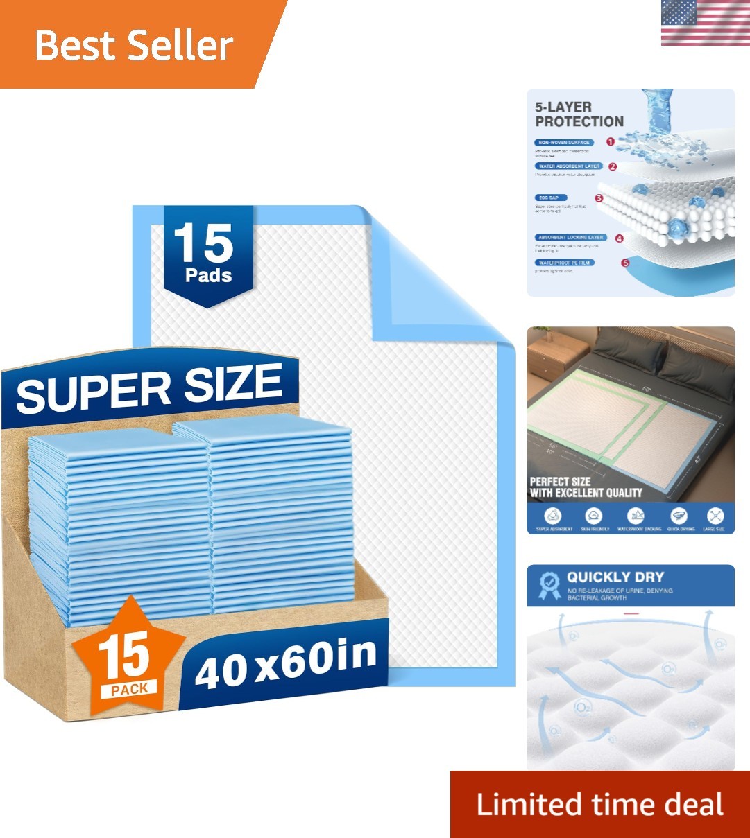 Disposable Adult Bed Pads 40×60 Super Absorbent Incontinence Underpads 150×200