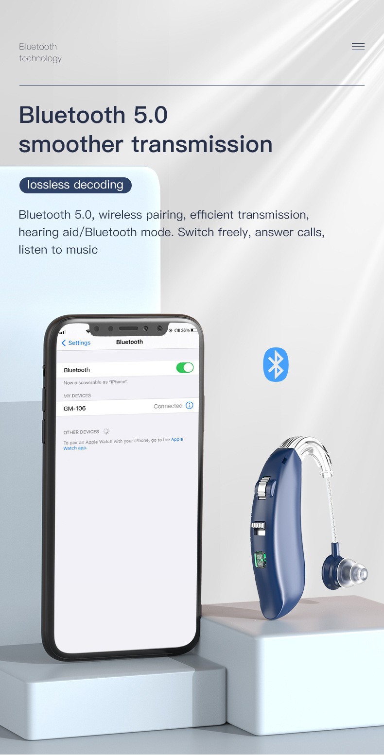 1 Pair Bluetooth Hearing Aid Rechargeable Invisible BTE Ear Aids Charger Dock