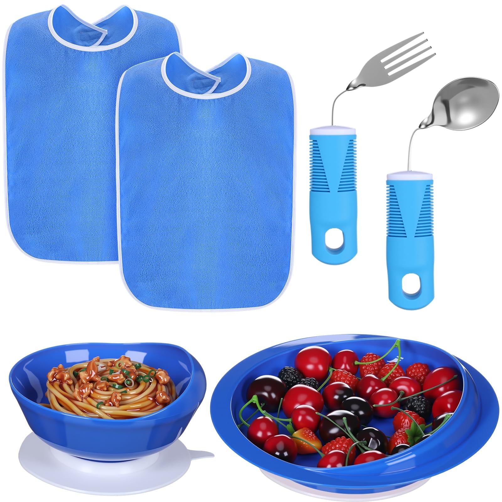 Adaptive Utensil Bib Bowl Plate Set Weight Cutlery Hand Arthritis Blue 6 PCS