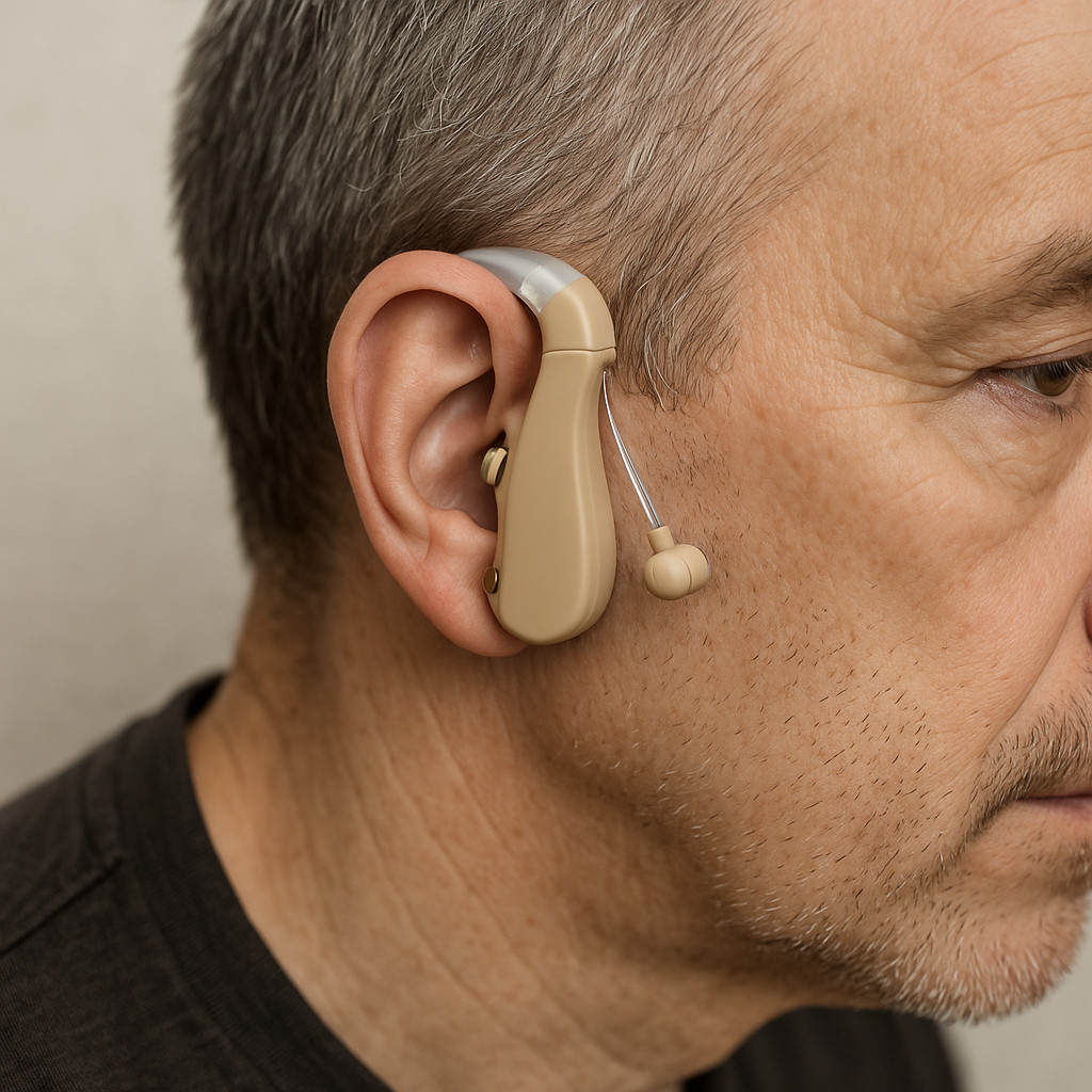 CH-B350A BTE Single Ear Auxiliary Hearing Earphone Amplifier Tan Compact HD Soun