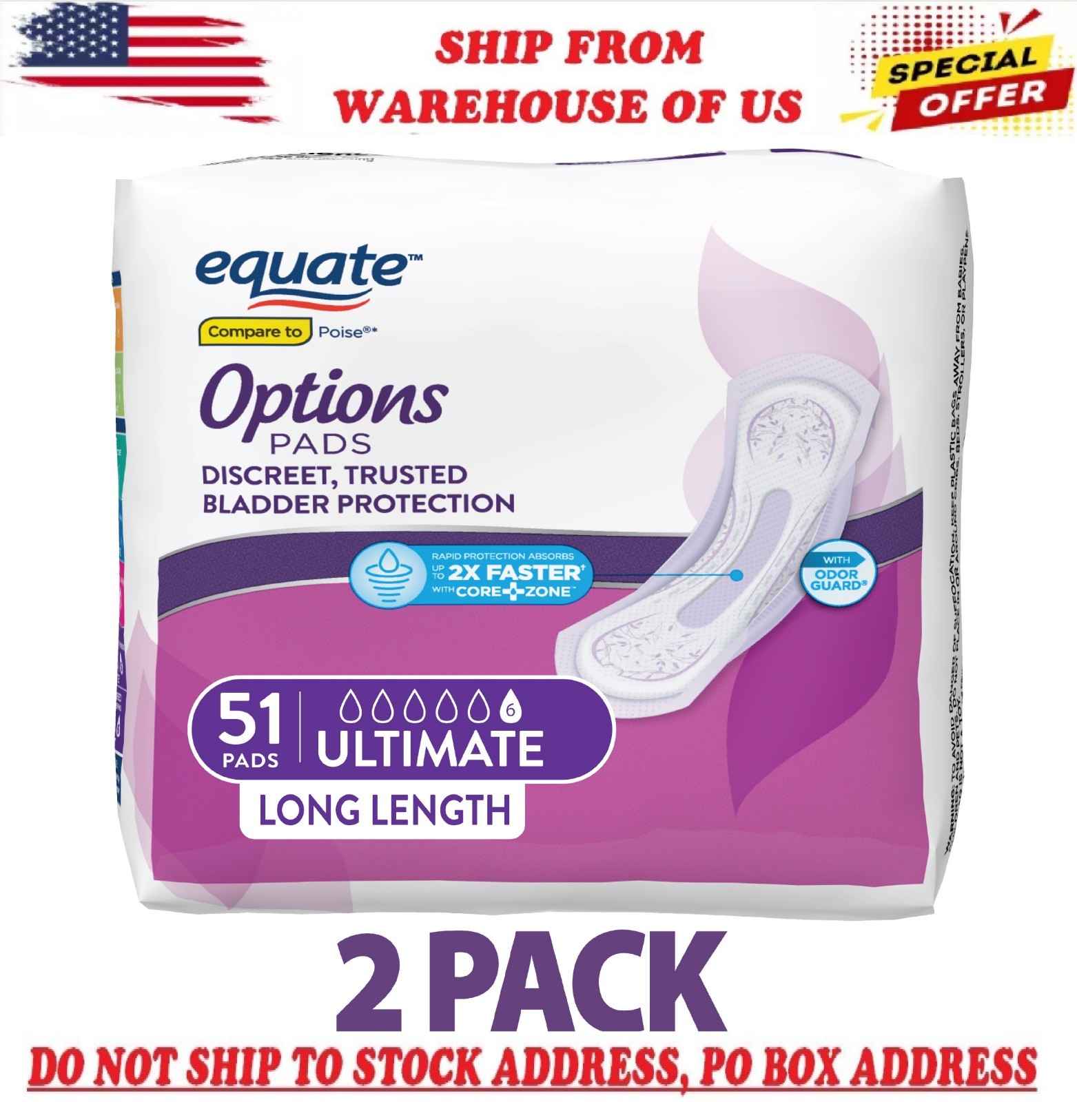 Equate Options Women’s Pads, Ultimate Absorb, Unscented, Long Length, 102 Ct​