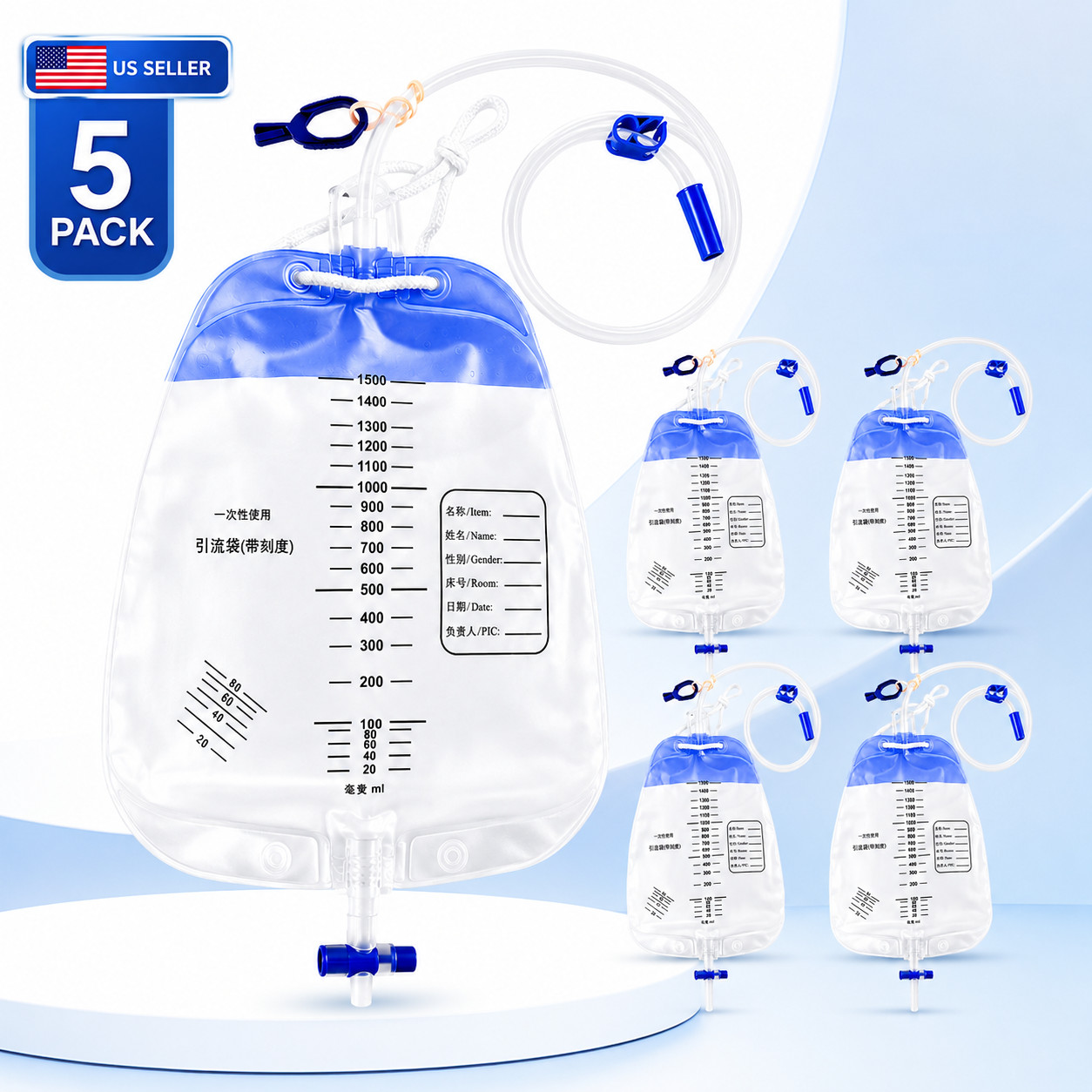 5 Pack Urinary Leg Bag,1500ml Urinary Drainage Bag with Cloth Tape,