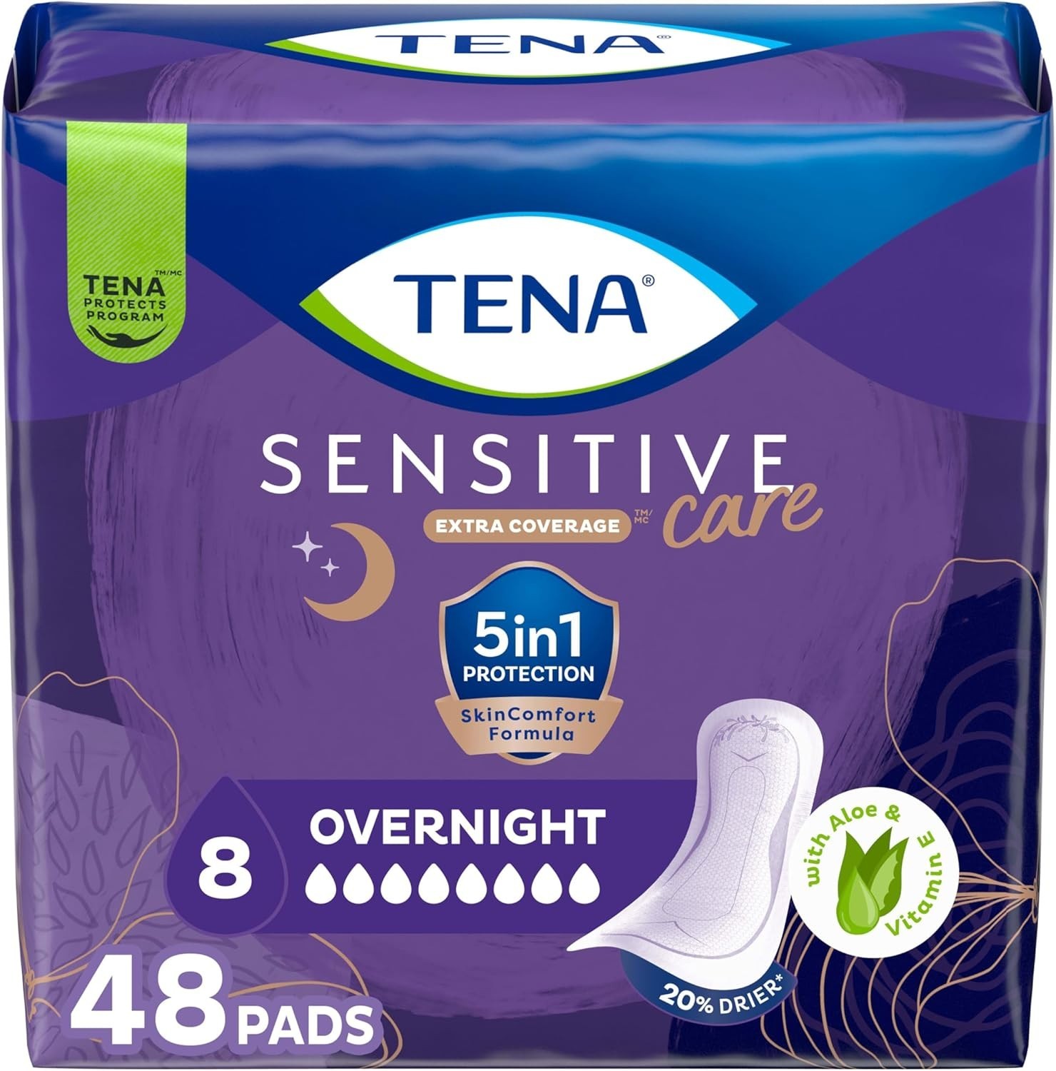 Tena Sensitive Care Overnight Incontinence Pads Women, Extra Coverage, 48ct |…