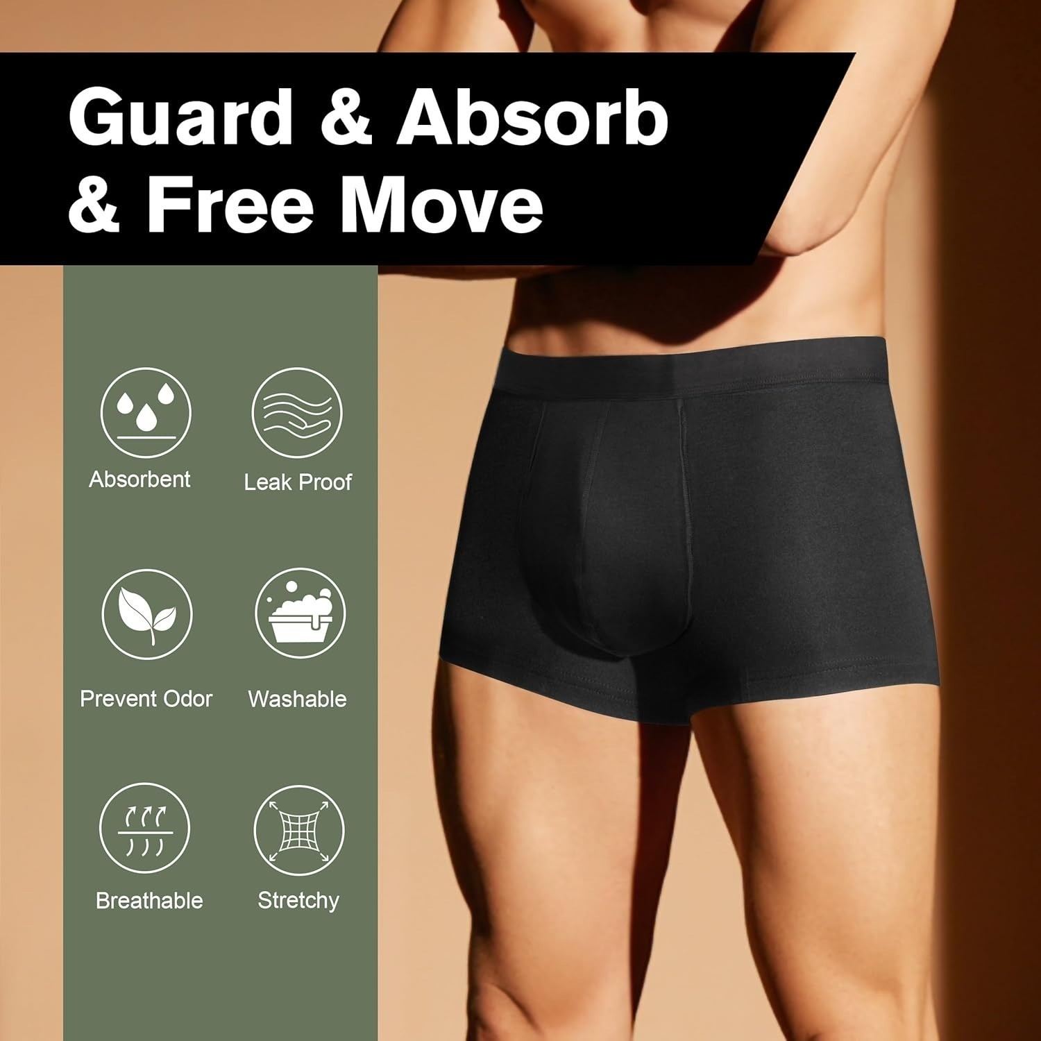Men’s 3 Pack Incontinence Underwear 2.3 oz Absorbency Leak Proof Boxer Briefs 3X