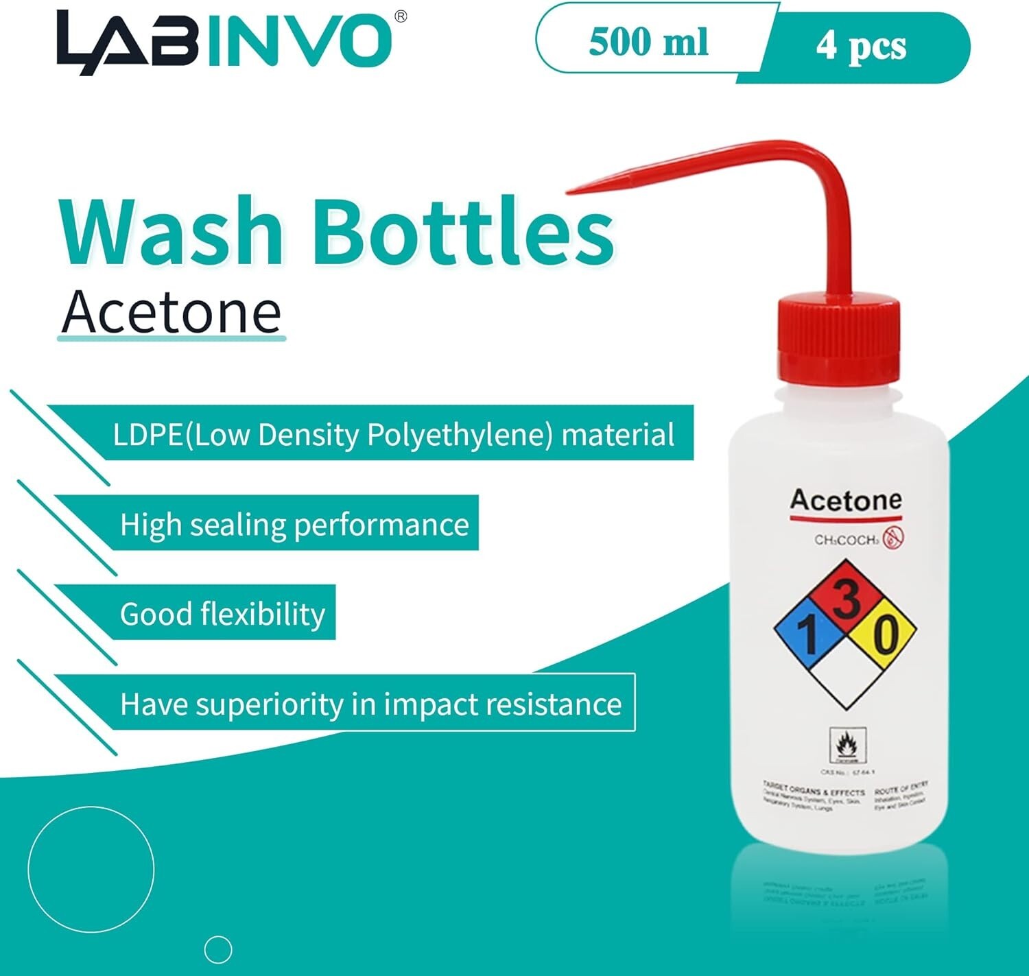 4pcs of Acetone Wash Bottles, Vol.500ml 17oz, Narrow Mouth, Self-Venting Safe…