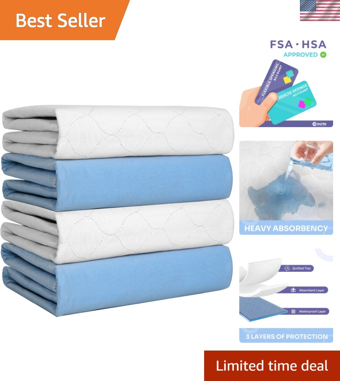 Heavy Absorbency Bed Pad, Washable and Reusable Incontinence Bed Underpads, 3…