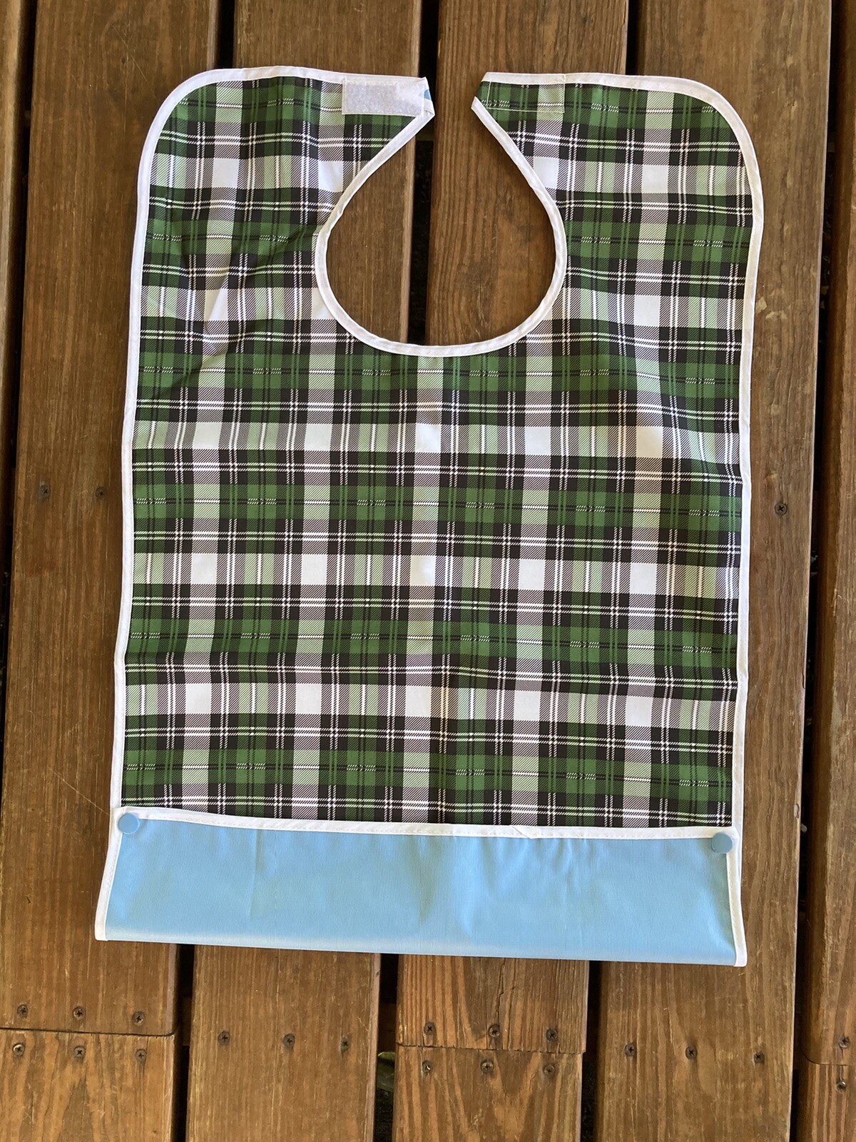 Adult Dignity Bib in Plaid Wipe Clean Washable Vinyl and Polyester – Celley