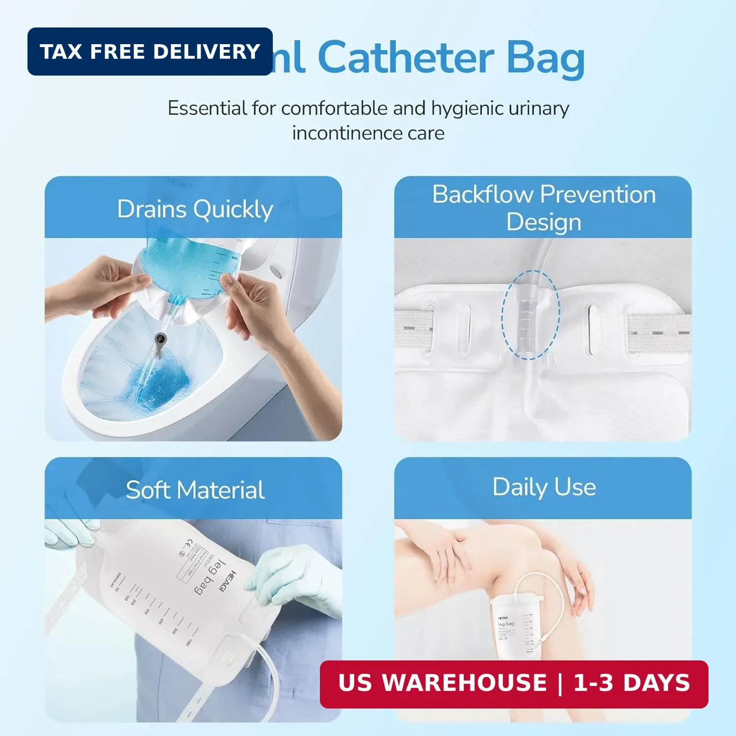 3 Pack Catheter Bags, 1000mL/33.8oz, Easy-Tap Leg Bag Urinary Drainage Bag, Anti