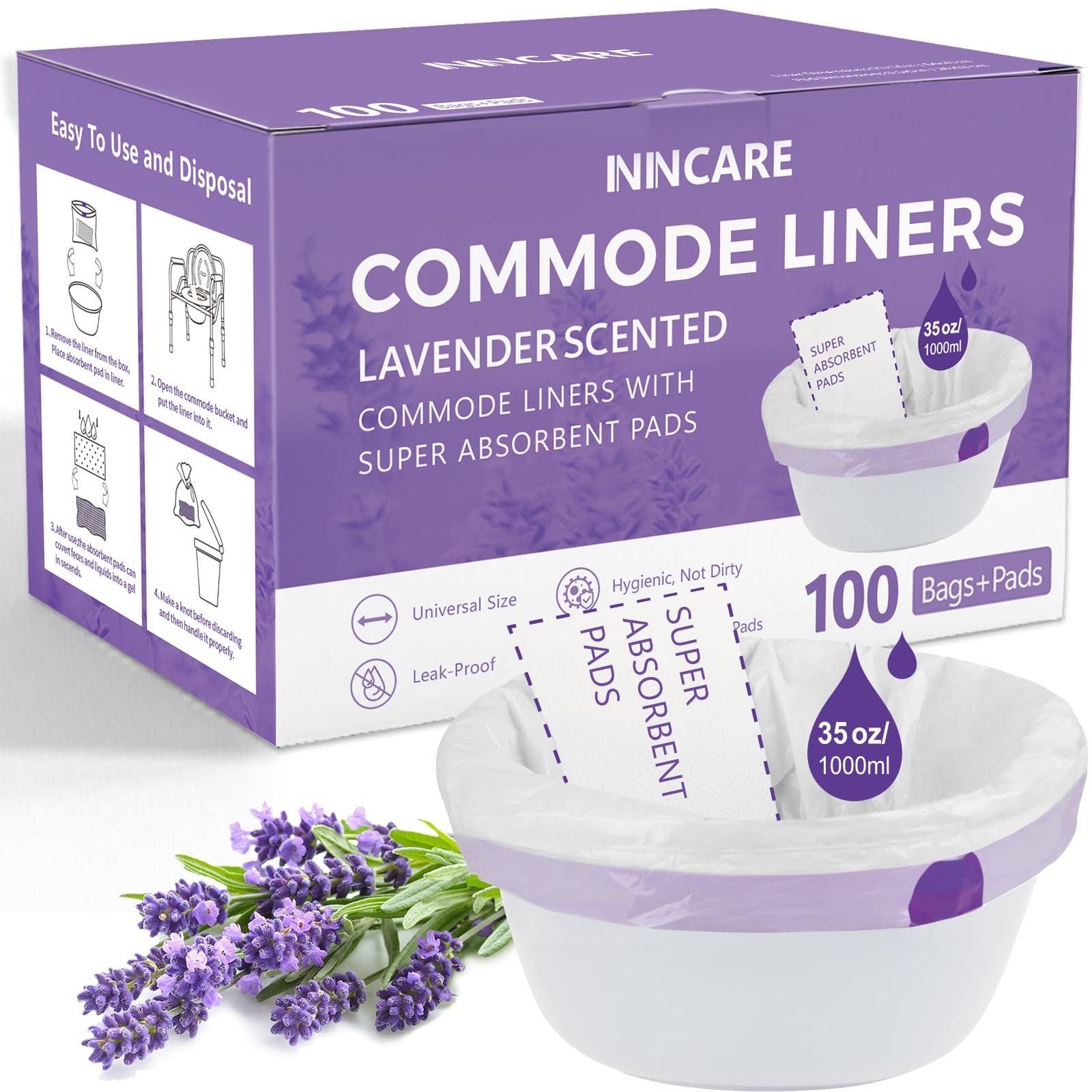 Commode Liners with Absorbent Pads for Bedside Commode, 100 Lavender Scented …