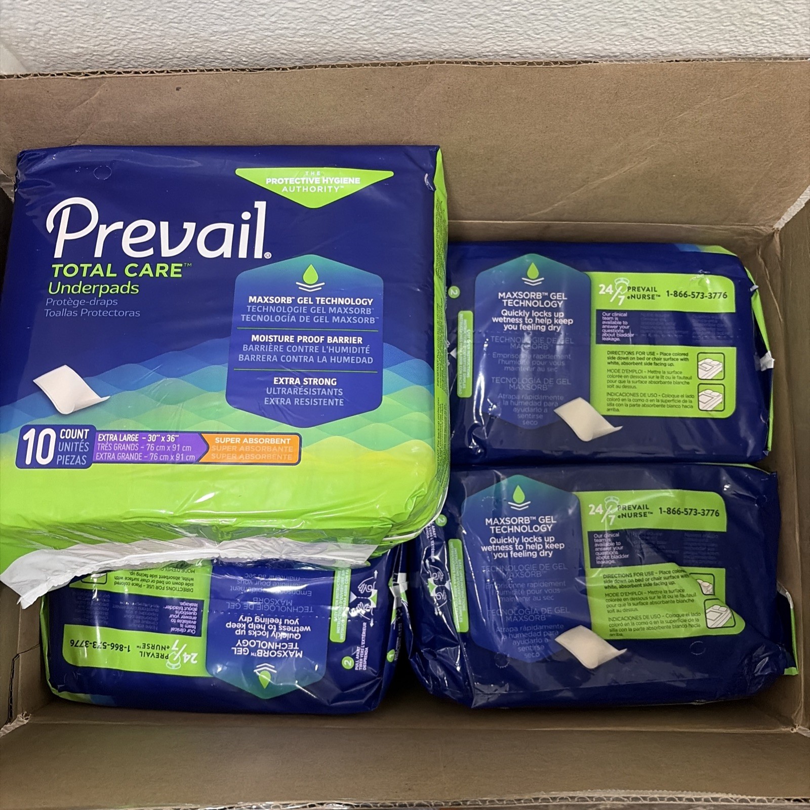 4 – Prevail Total Care Underpads 10 Count XL 30″ x 36” Super Absorbent