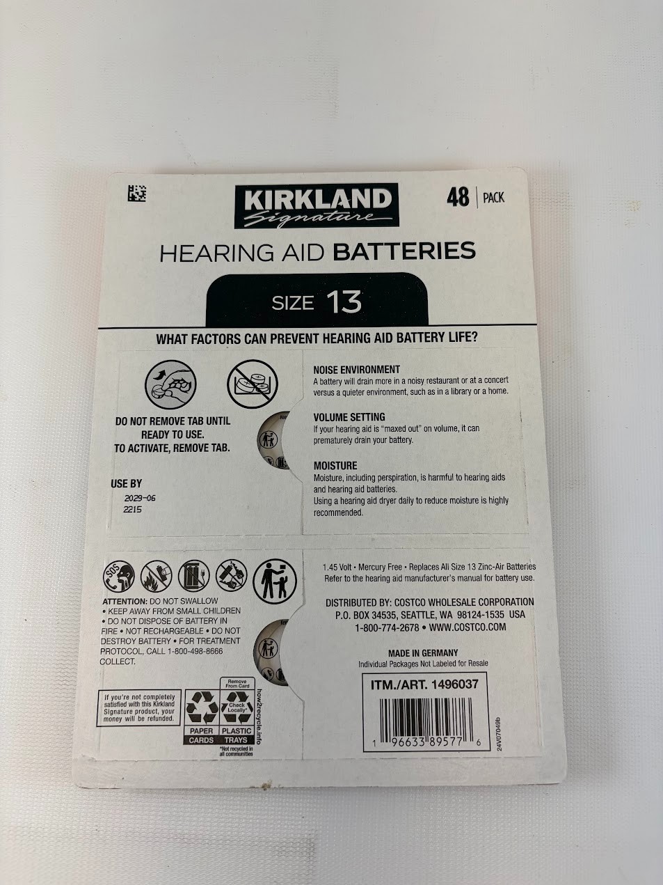 Kirkland Signature Hearing Aid Batteries, Zinc Air, Size 13, 48-pack