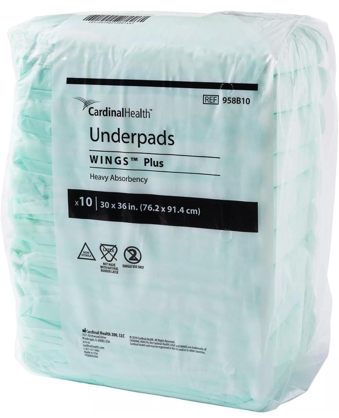 Cardinal Health Underpads Wings Plus Heavy Absorbency Green 30x 36IN Case of 60