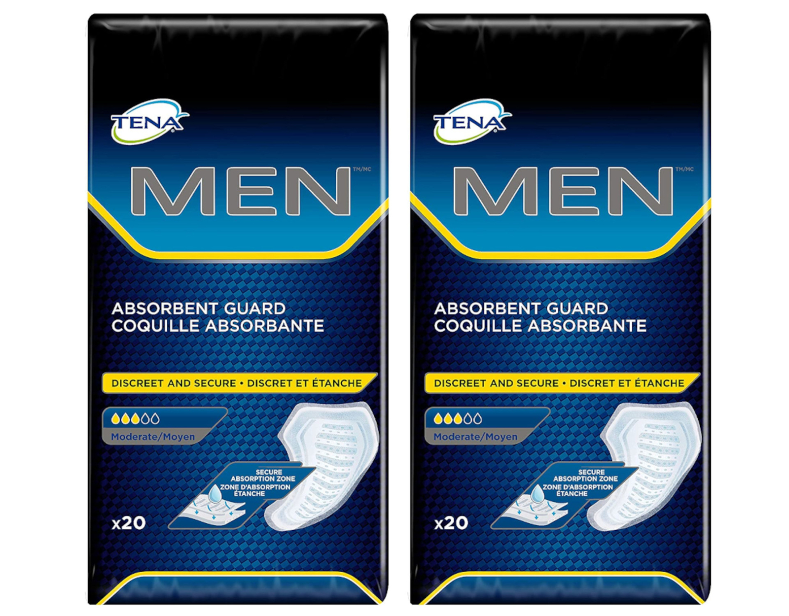 2 Pack of TENA Incontinence Guards for Men, Moderate Absorbency 20 ct