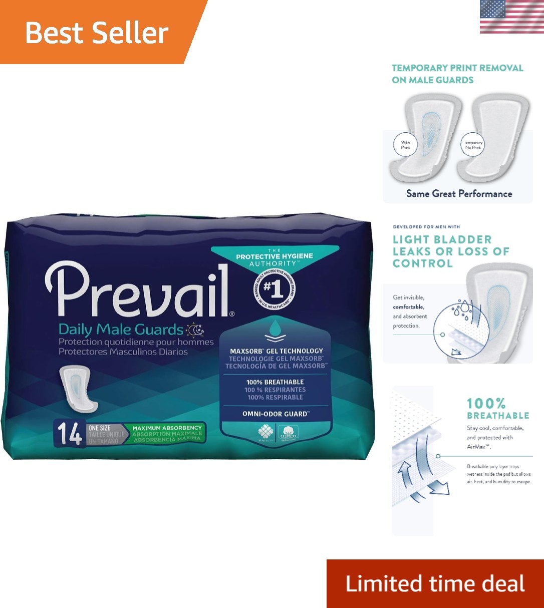 Daily Male Guards Disposable Bladder Control Pads – Maximum Absorbency, 14 Pack