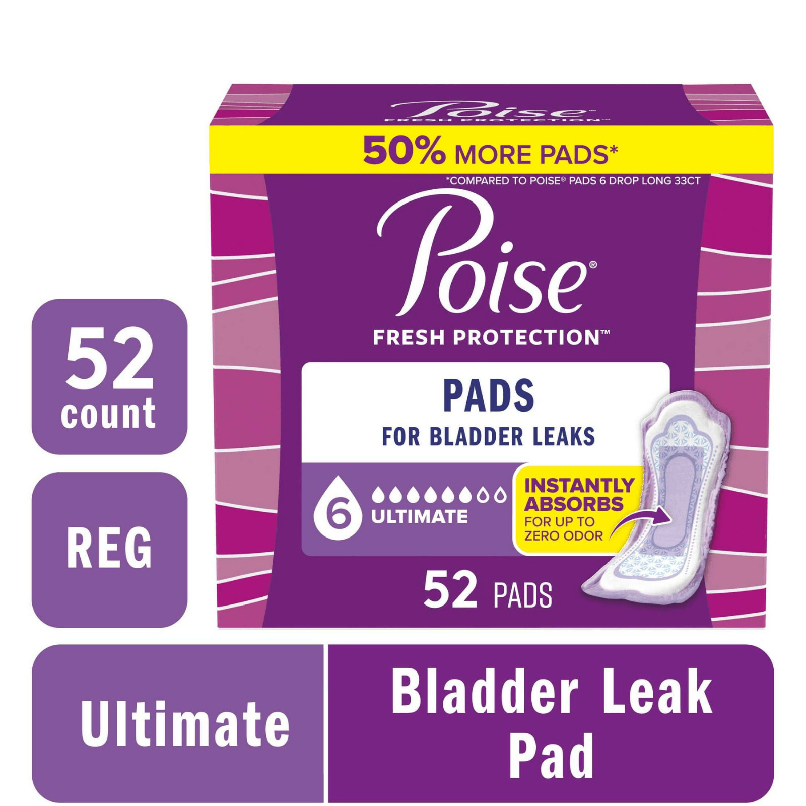 Poise Incontinence Pads for Women 6 Drop Ultimate Absorbency Regular Length, 52