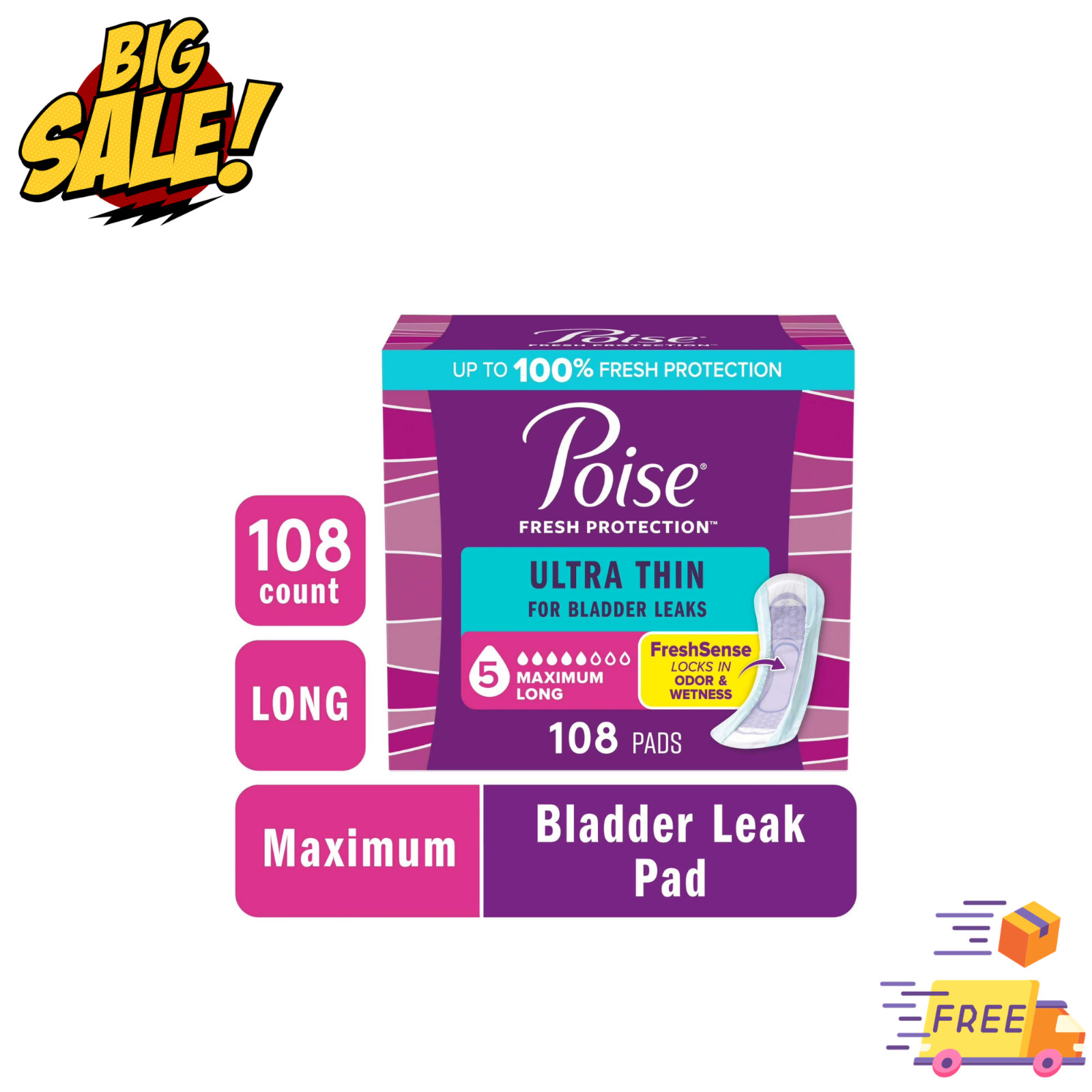 Poise Ultra Thin Incontinence Pads 5 Drop Maximum Absorbency Long 108 Count