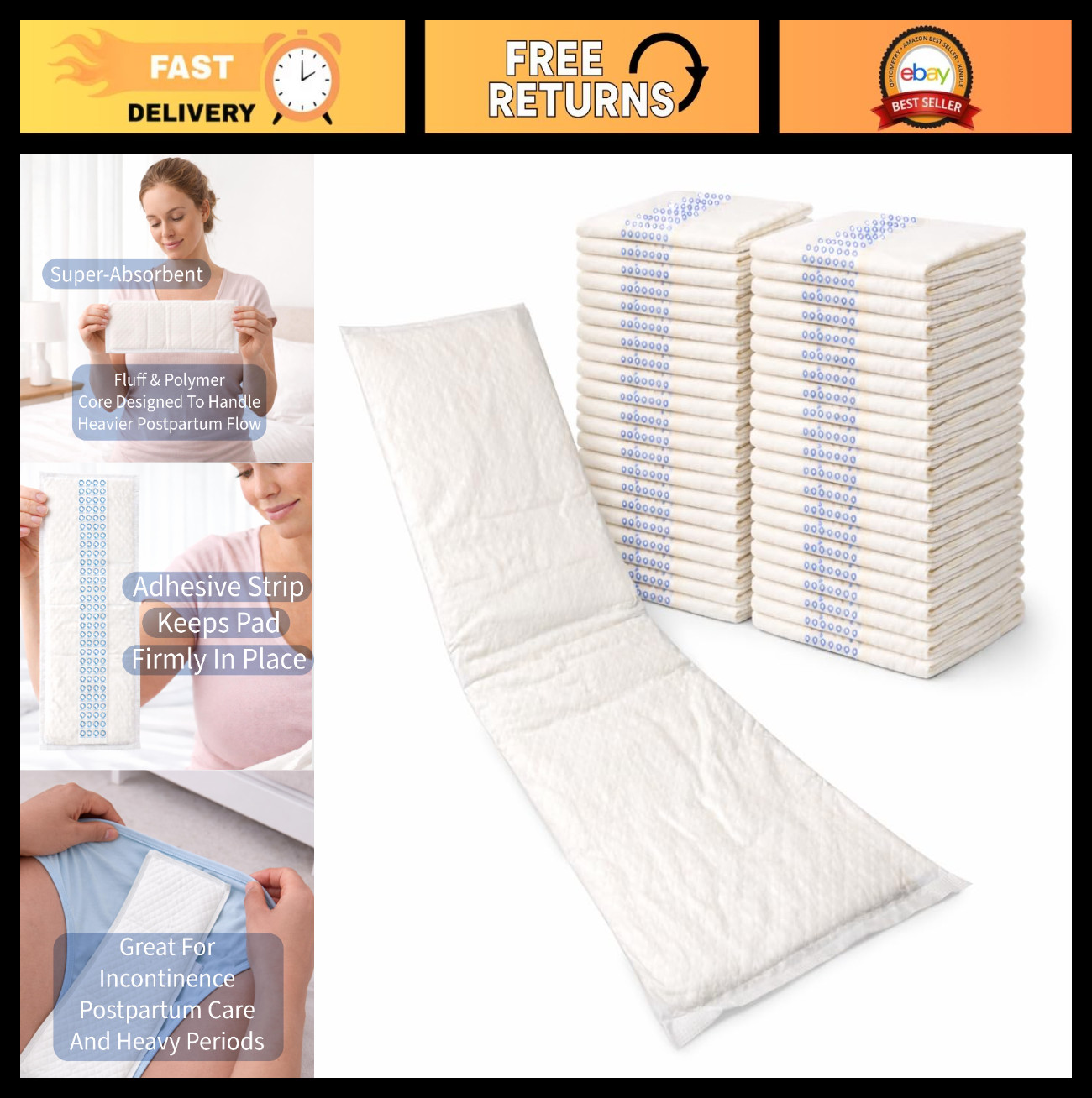 Super Absorbent Postpartum Pads 6″x17″ (40 Pack) – Overnight Maternity Liners, L