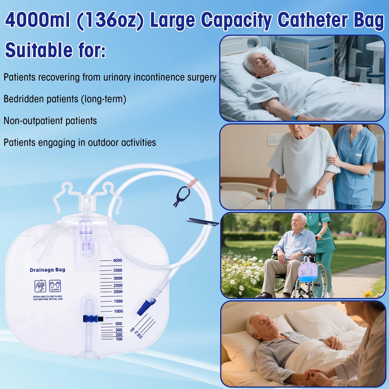4000ml Urinary Drainage Bag, 10 Pack Catheter Bags for Women and Men, Profess…