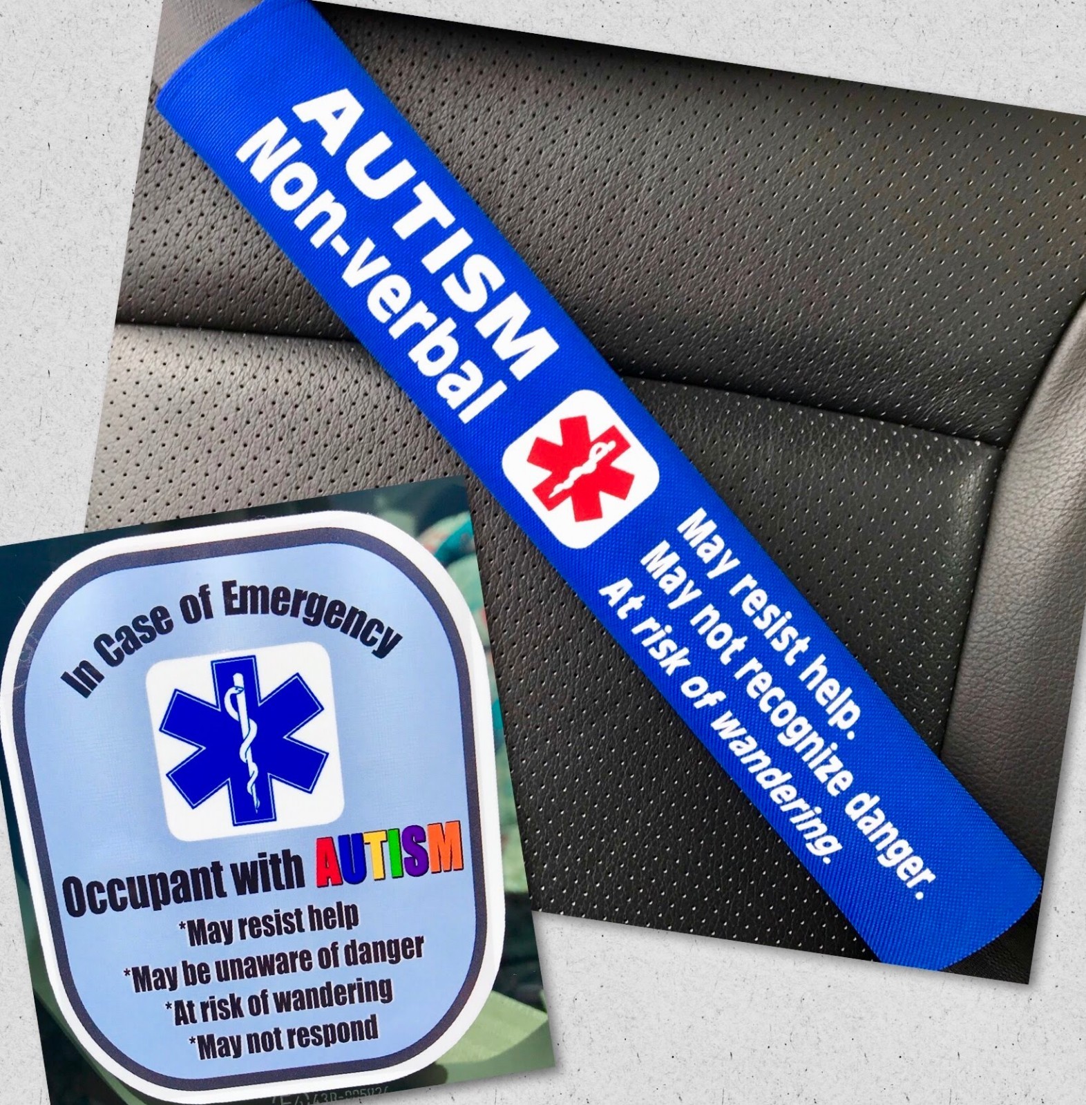 Autism Non-verbal Seat Belt Cover and Window Decal Set Royal Blue