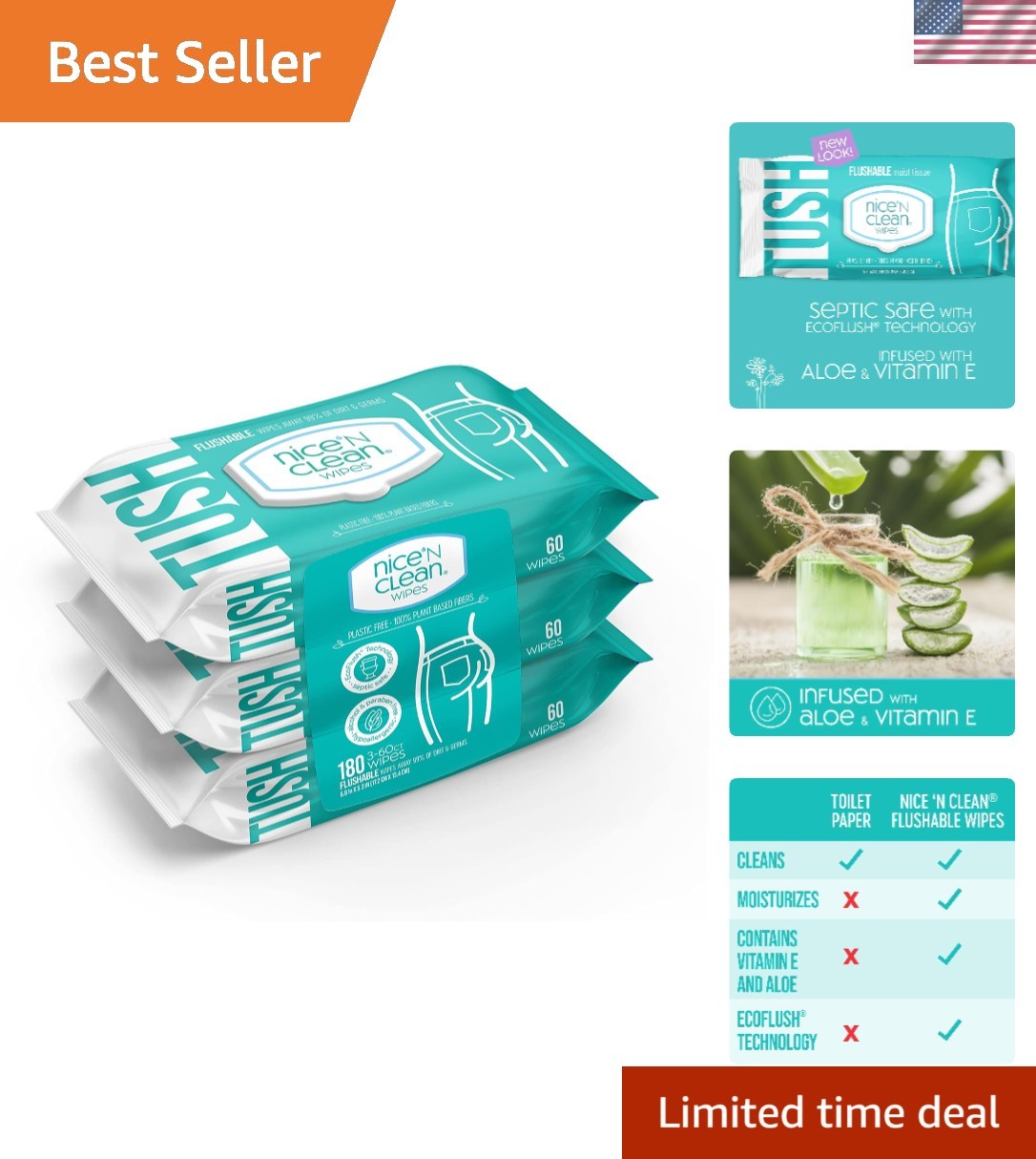 Moisture-Lock Nice ‘N Clean Flushable Wipes | 180 Count for Comfort & Cleansing