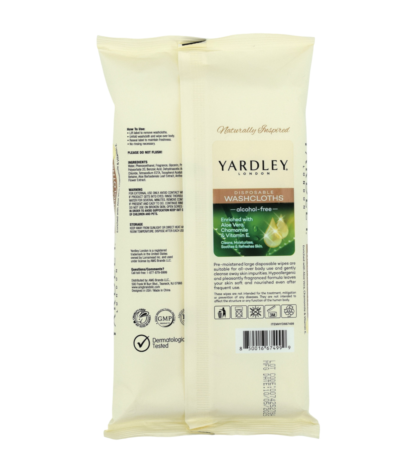 Yardley London Disposable Washcloths 3-Pack (54ct) 12×8 Body Wipes – Aloe Vera